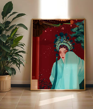 Traditional Asian art with elegant woman in traditional attire