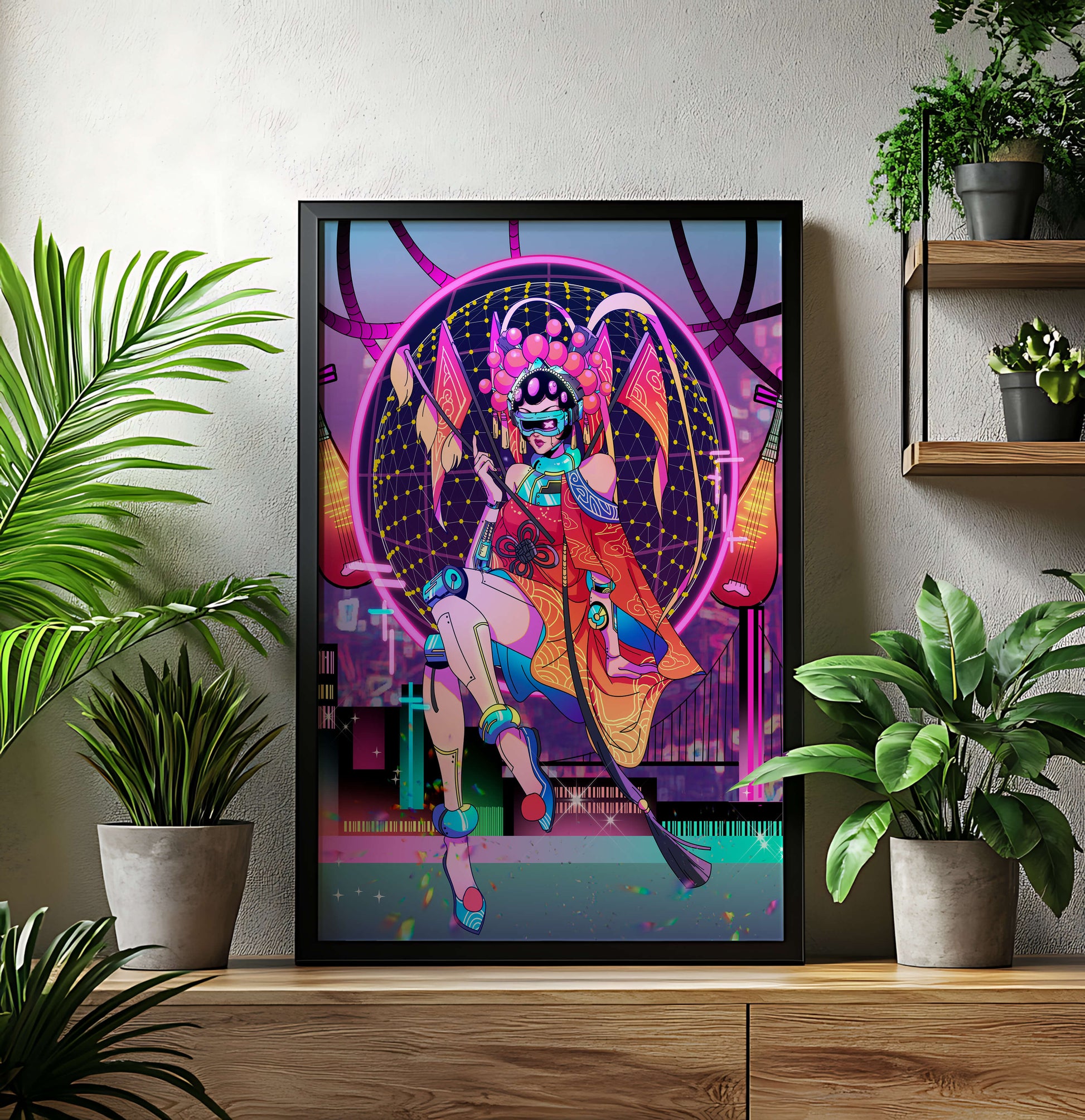 Futuristic geisha with neon lights and traditional elements