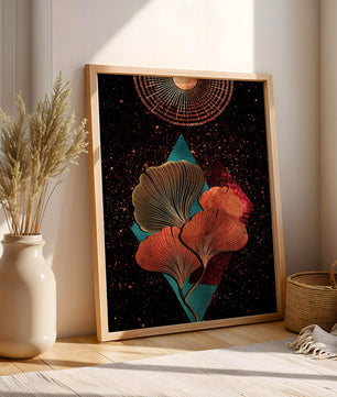 Traducción al español: Ilustración floral cósmica abstracta con elementos geométricos y acentos dorados