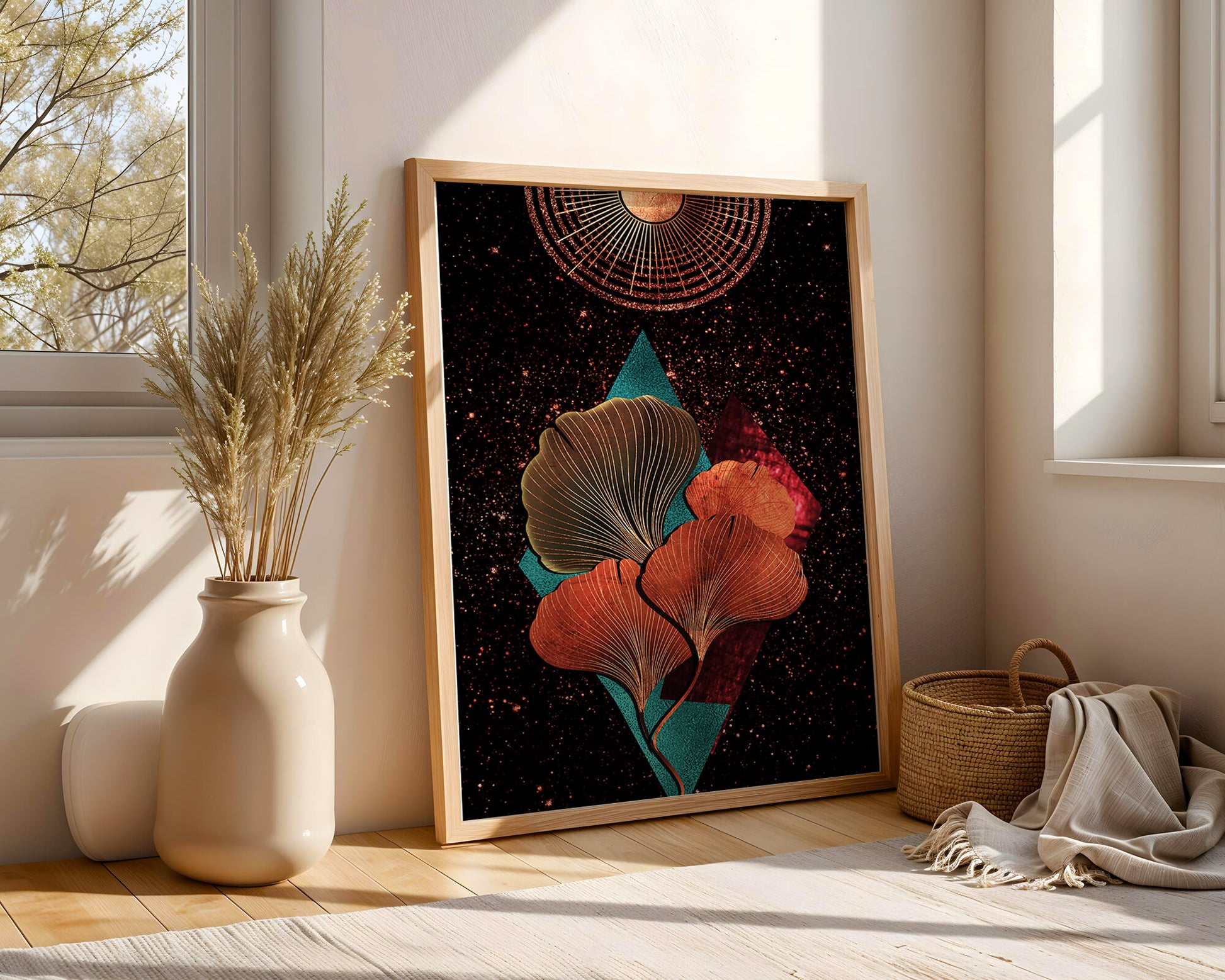 Traducción al español: Ilustración floral cósmica abstracta con elementos geométricos y acentos dorados