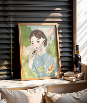 Elegant Woman in Traditional Dress with Lotus and Koi Fish - Mi tienda