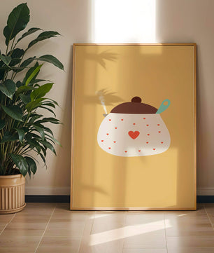 Ilustración de una olla decorada con corazones y vapor sobre fondo amarillo
