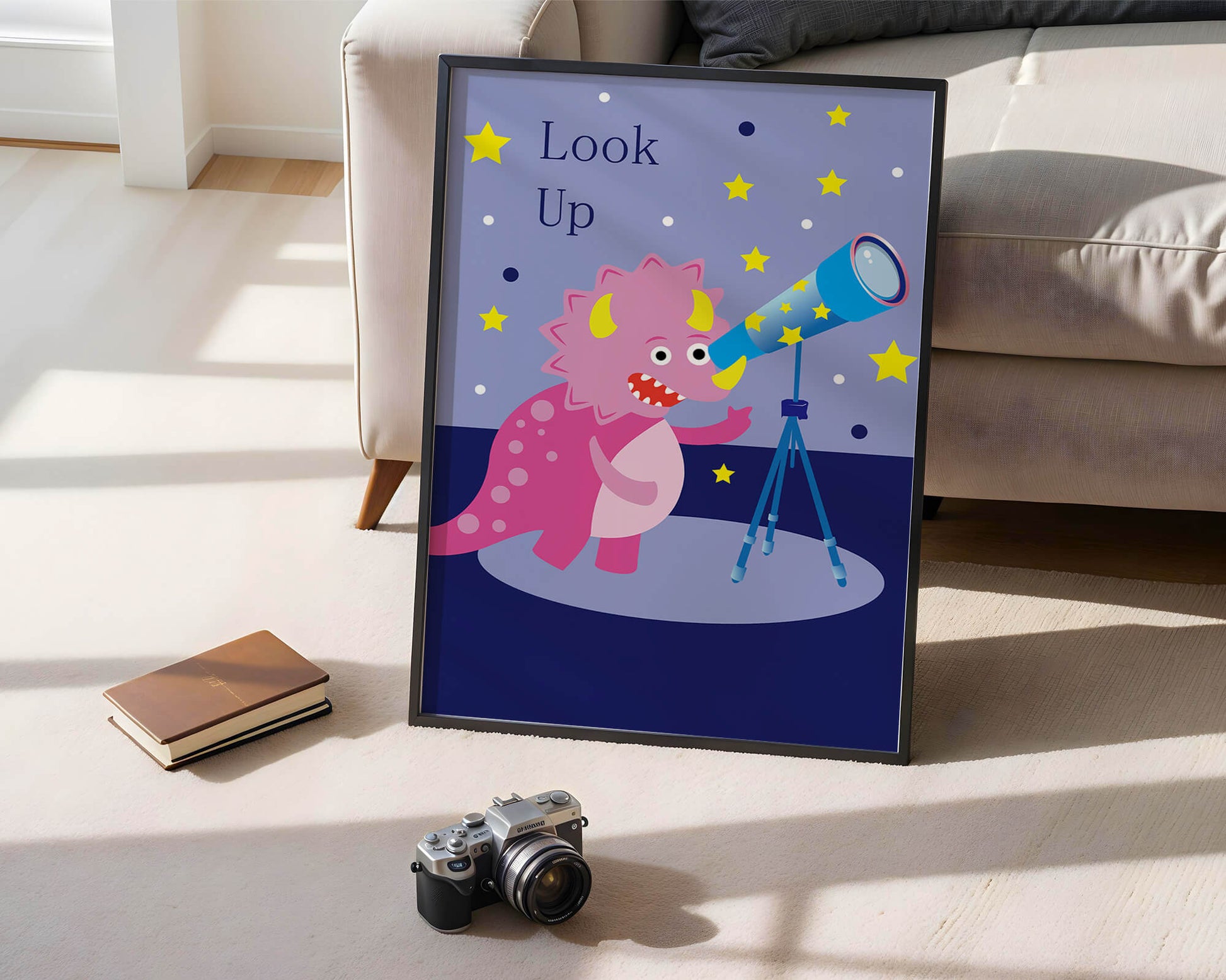 Pink cartoon dinosaur looking through a telescope with stars