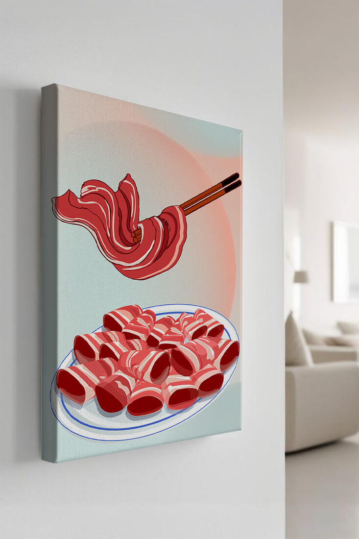 Delicious raw meat slices on plate with chopsticks in background