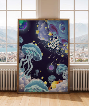 Astronaute jouant du violoncelle parmi des méduses cosmiques et des étoiles
