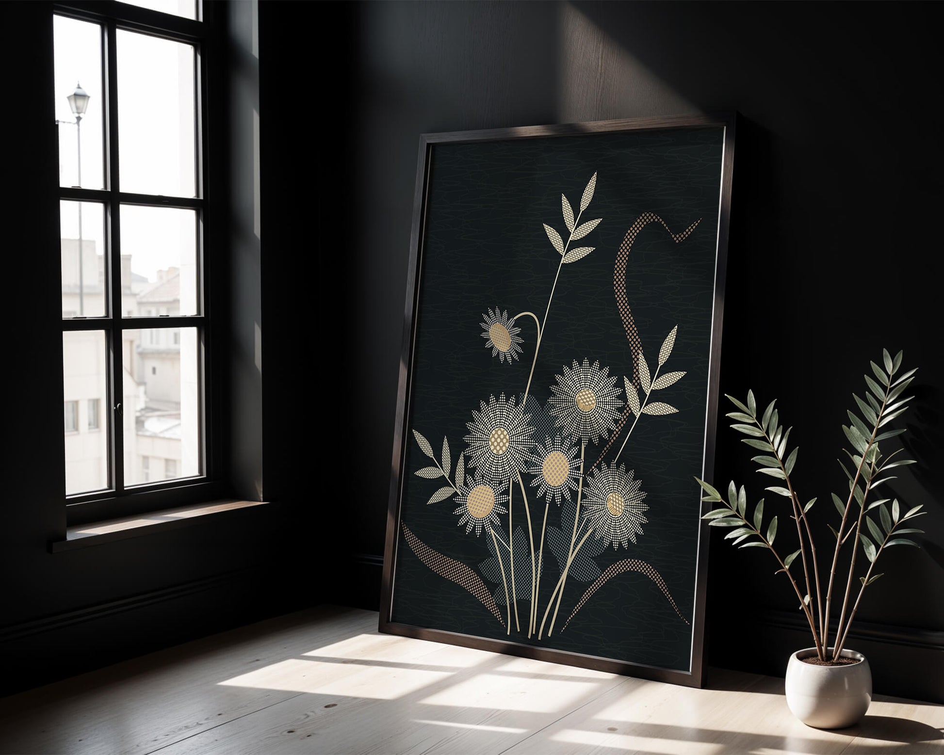 Abstract floral design with intricate patterns on dark background