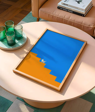 Gato minimalista en escaleras con fondo azul