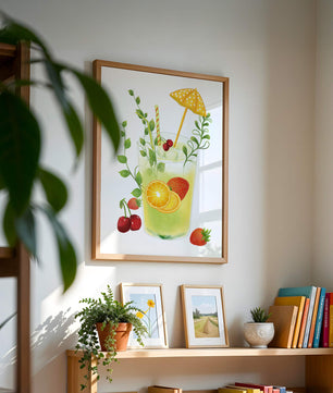 Refreshing summer drink illustration with fruits and greenery