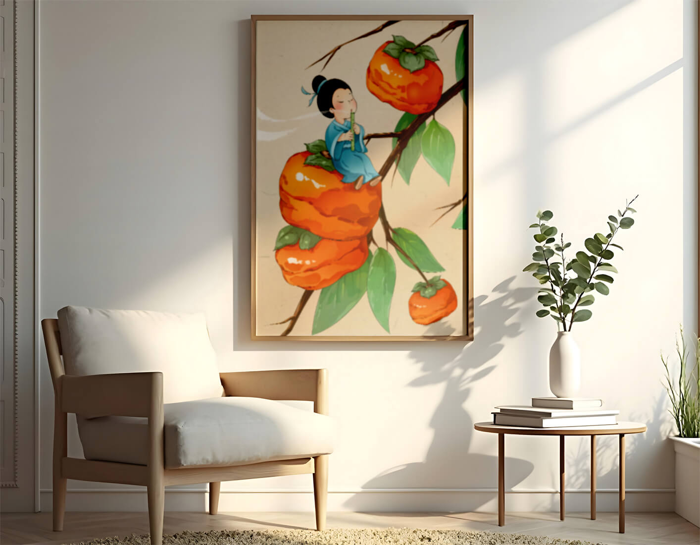 Child playing flute on persimmon-filled tree in whimsical illustration