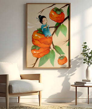Child playing flute on persimmon-filled tree in whimsical illustration