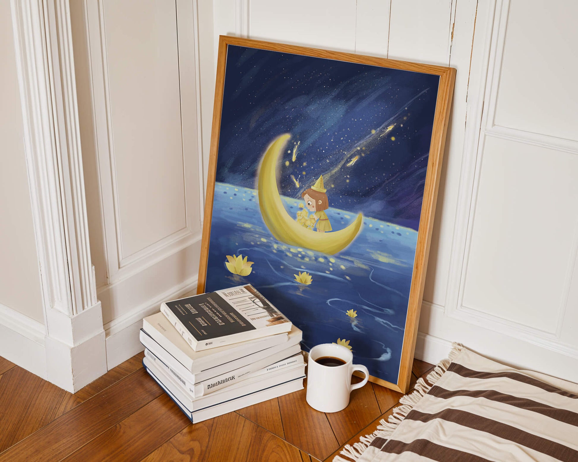 Magical Night Journey with Girl in Golden Moon Boat