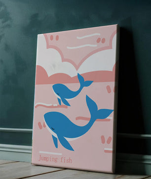 Playful whales illustration in pastel pink and blue