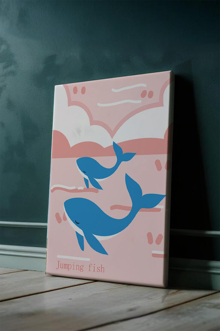 Playful whales illustration in pastel pink and blue