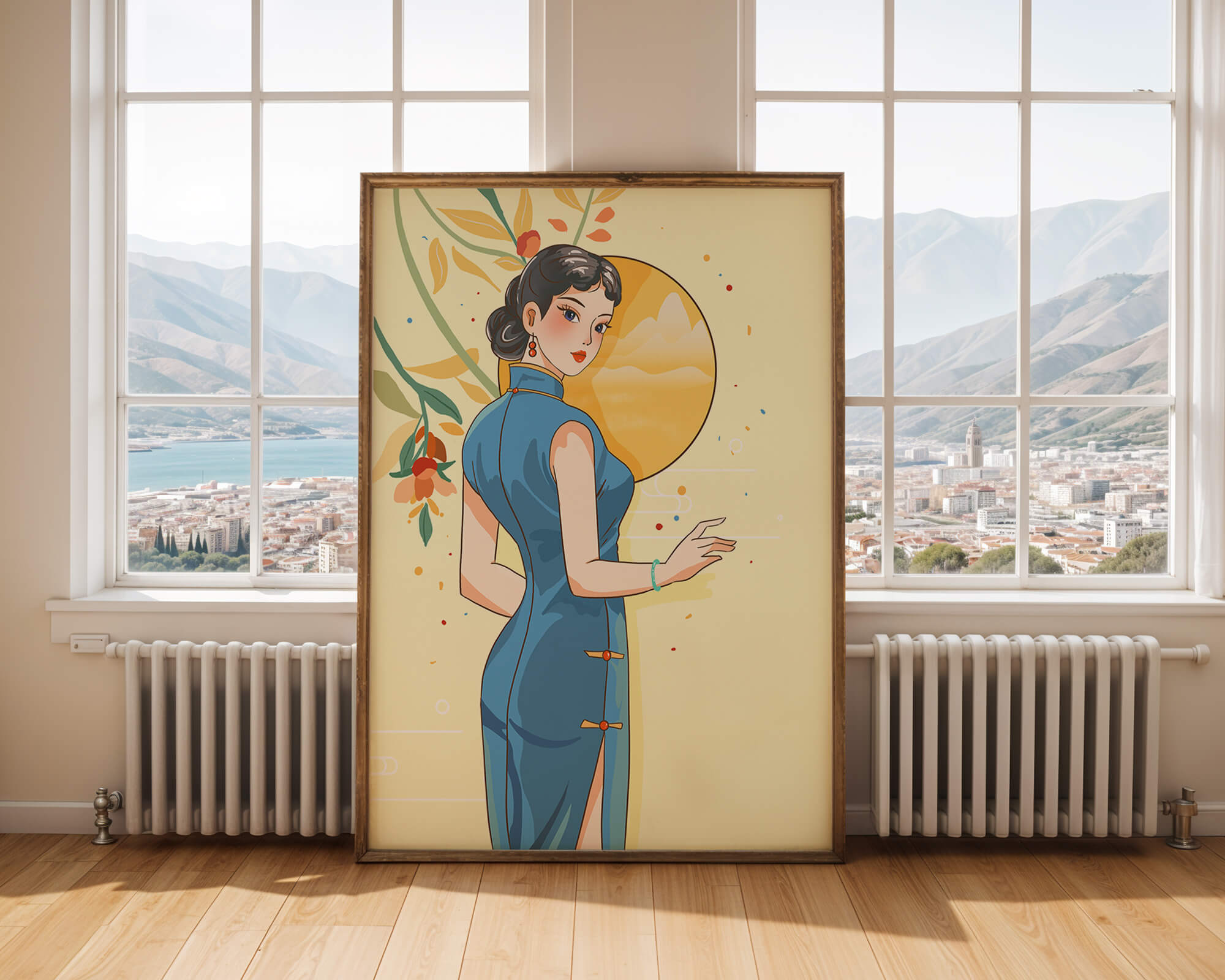Elegant Woman in Traditional Dress with Floral and Golden Sun Backdrop