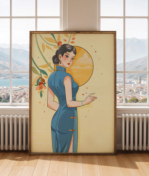 Mujer elegante con vestido tradicional y fondo floral y sol dorado