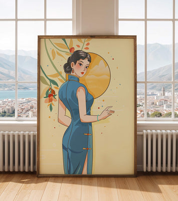 Elegant Woman in Traditional Dress with Floral and Golden Sun Backdrop