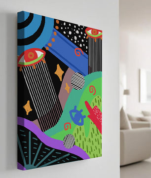 Œuvre d'art psychédélique abstraite colorée avec des formes géométriques et des yeux
