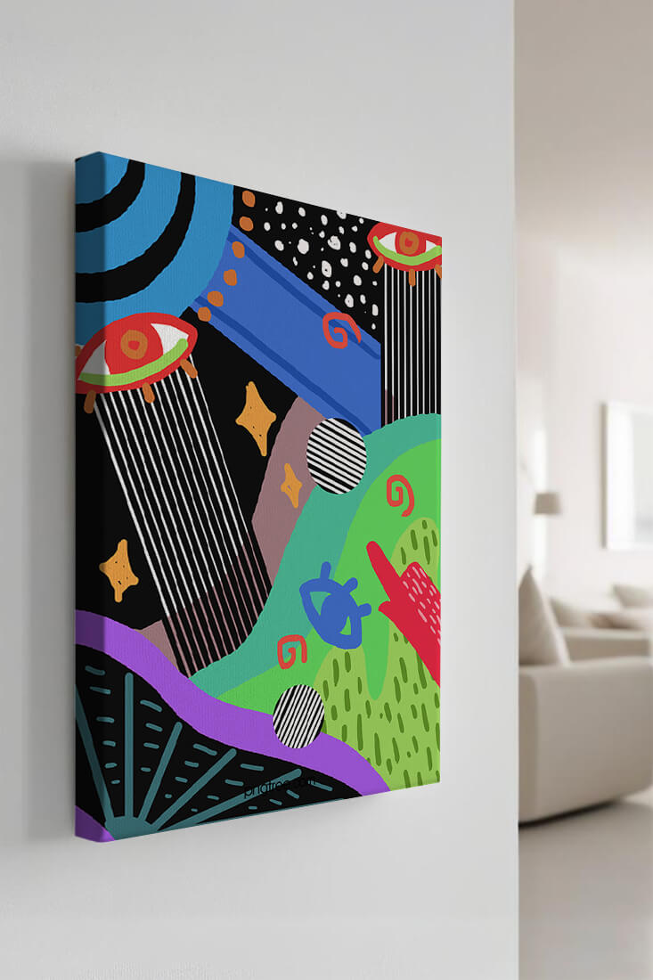 Œuvre d'art psychédélique abstraite colorée avec des formes géométriques et des yeux
