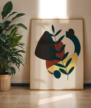 Abstract Botanical Composition with Geometric Shapes and Gold Accent - Mi tienda