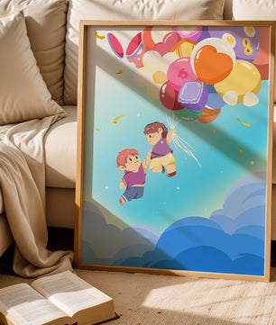 Ilustración caprichosa de niños en el cielo con globos de colores