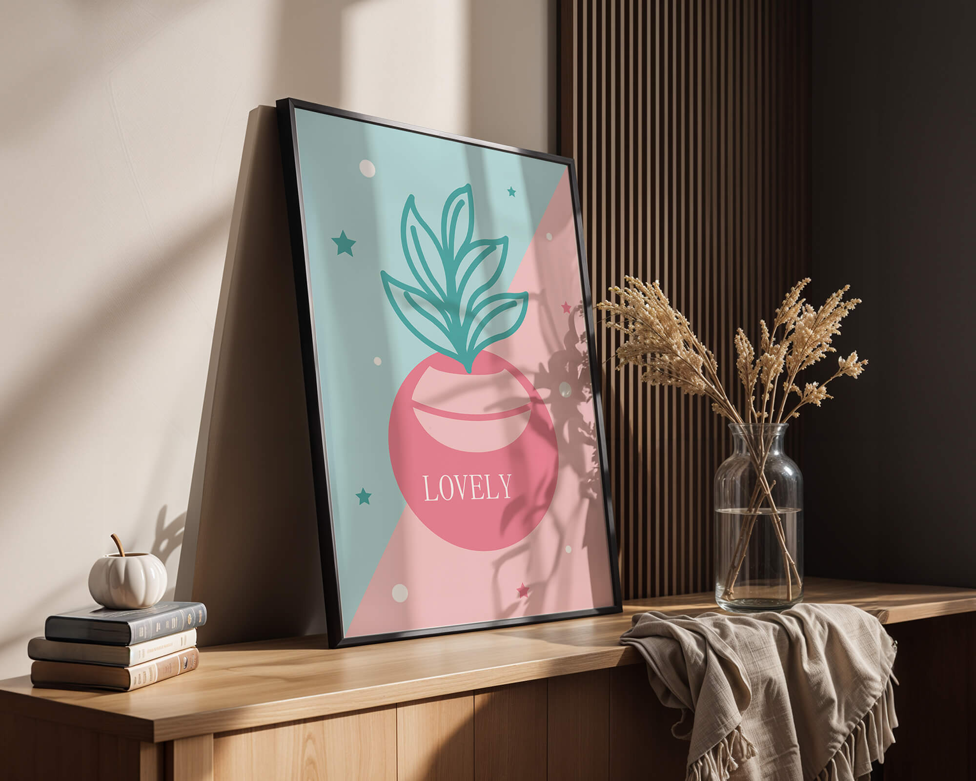 Playful pastel illustration with plant motif and stars