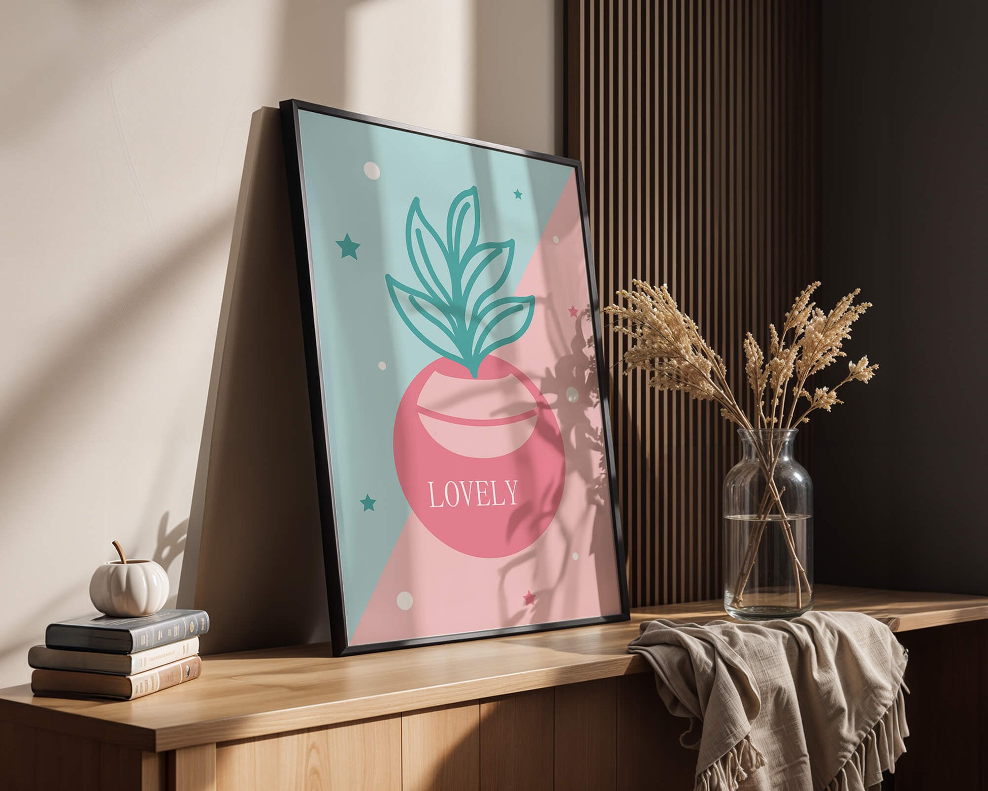 Playful pastel illustration with plant motif and stars