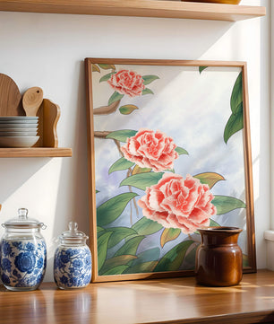 Illustrated pink carnations with green leaves in serene botanical art