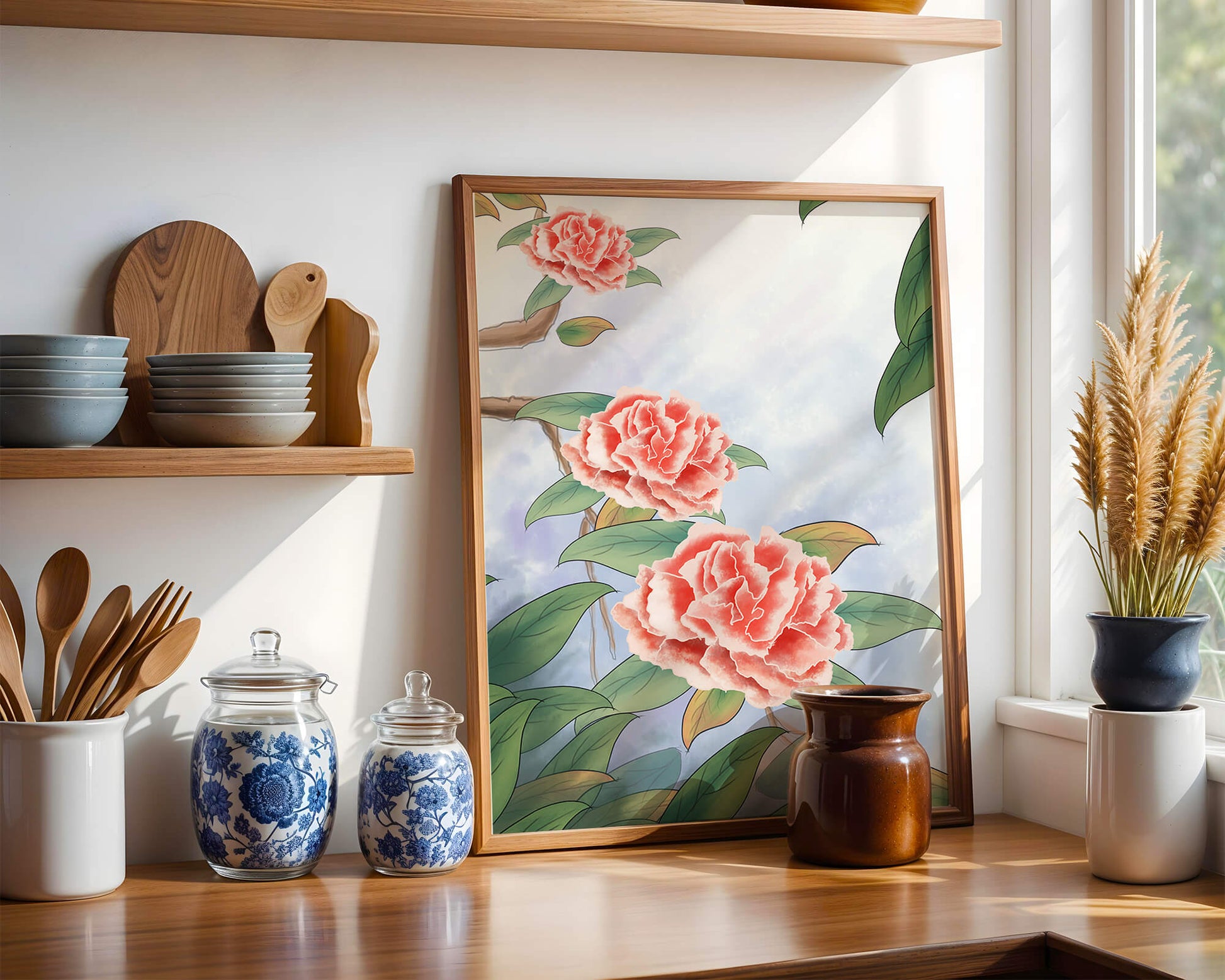 Illustrated pink carnations with green leaves in serene botanical art