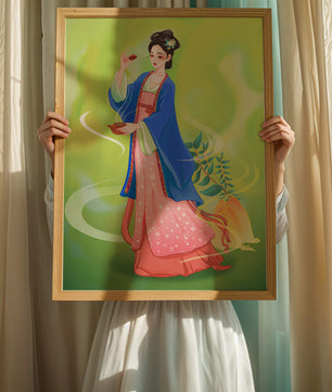 Diseño elegante de mujer en vestimenta tradicional del Este Asiático