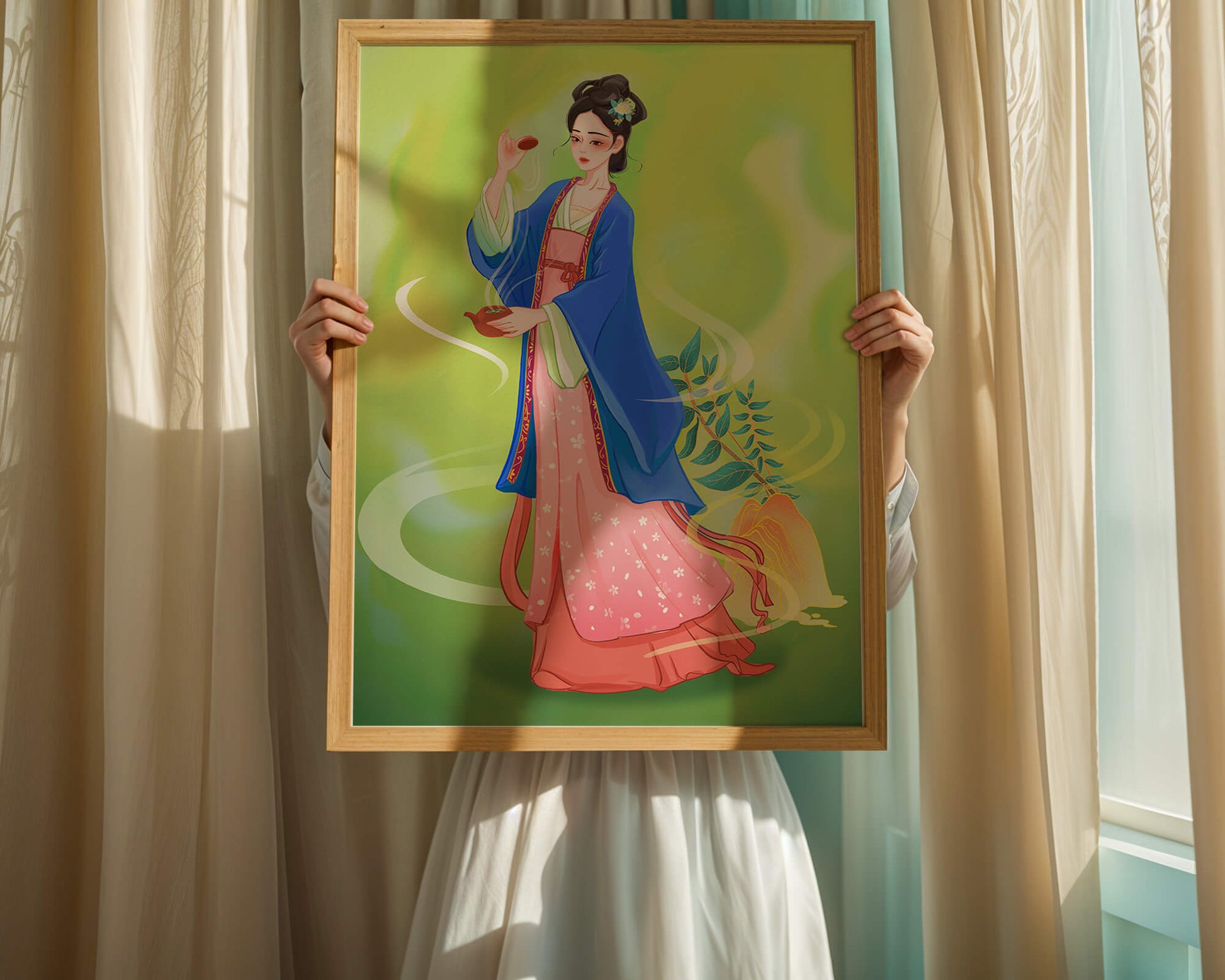 Diseño elegante de mujer en vestimenta tradicional del Este Asiático