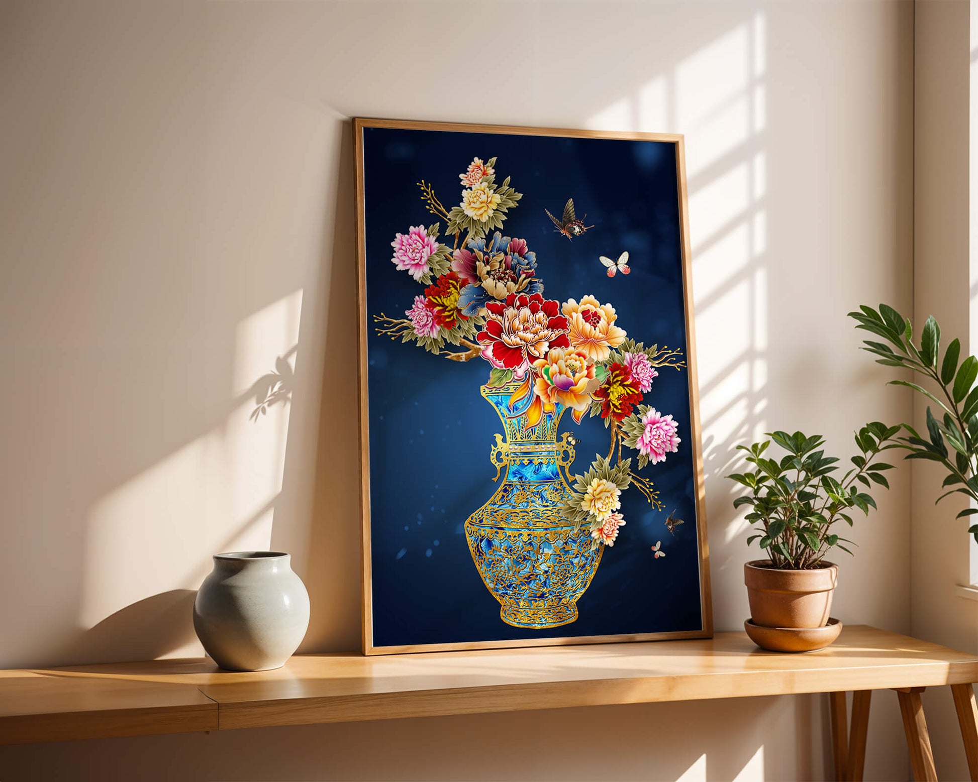 Elegant floral arrangement in ornate gold-accented vase with butterflies