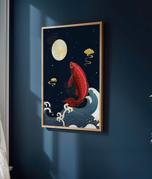 Traditional Japanese koi fish art with moonlit waves and clouds