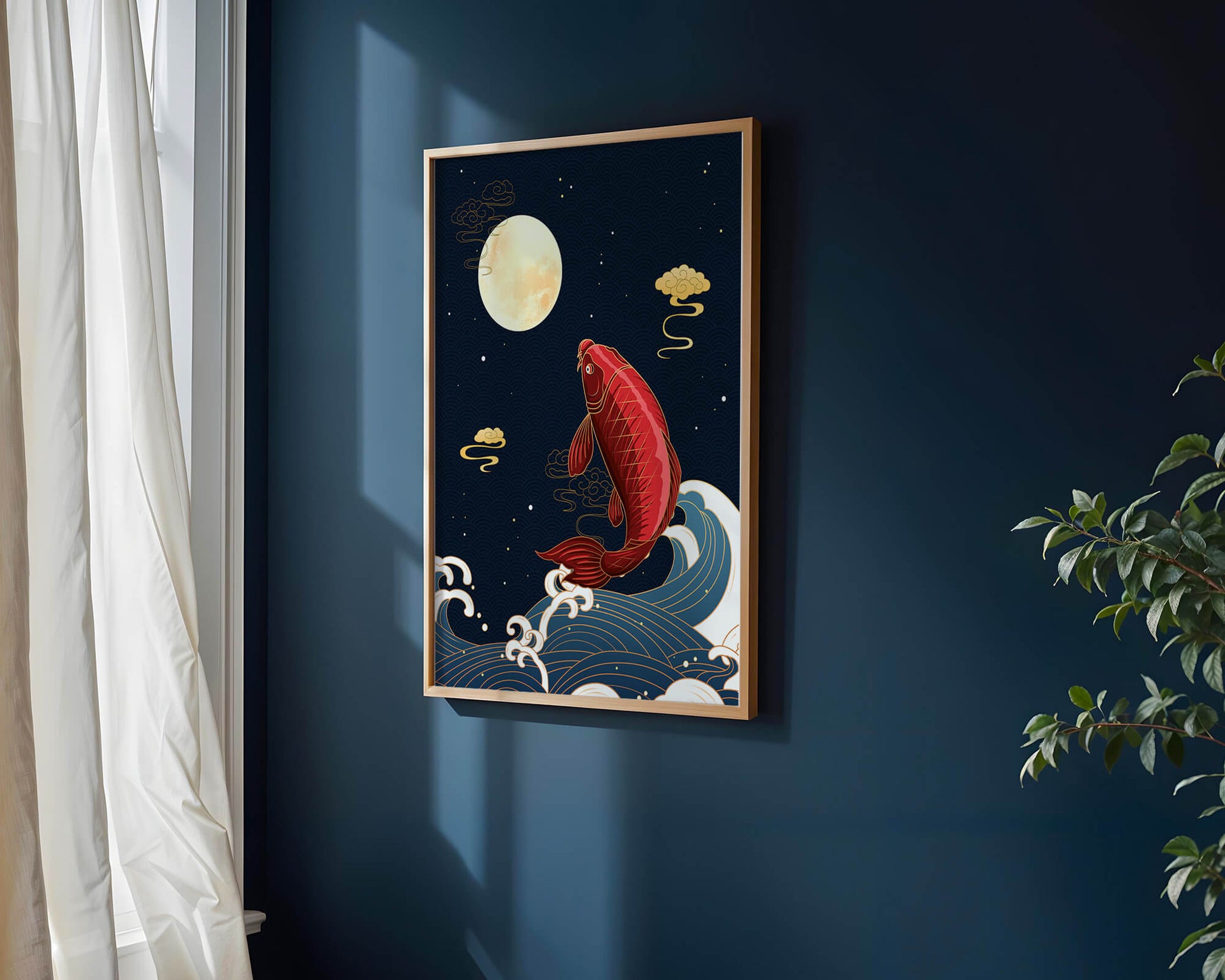 Traditional Japanese koi fish art with moonlit waves and clouds
