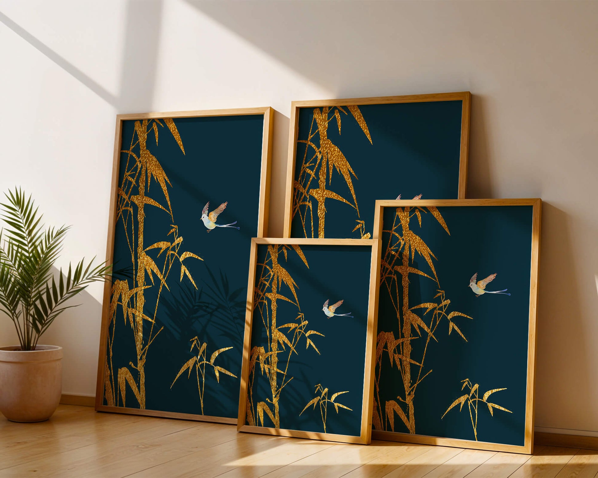 Golden bamboo and bird against a deep blue background