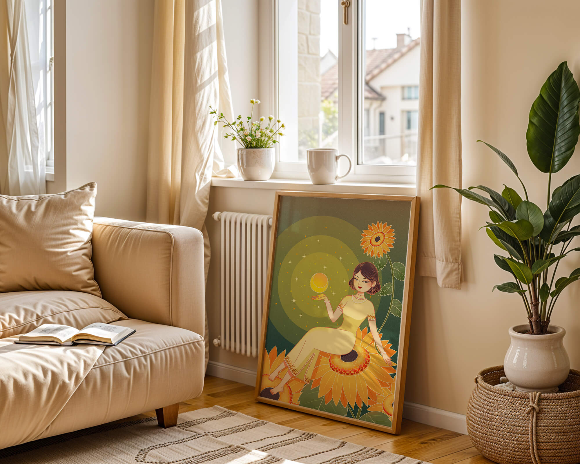 Elegant illustration of a woman on sunflowers with glowing orb