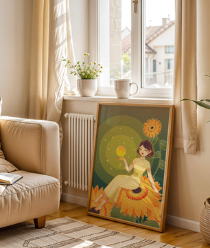 Elegant illustration of a woman on sunflowers with glowing orb