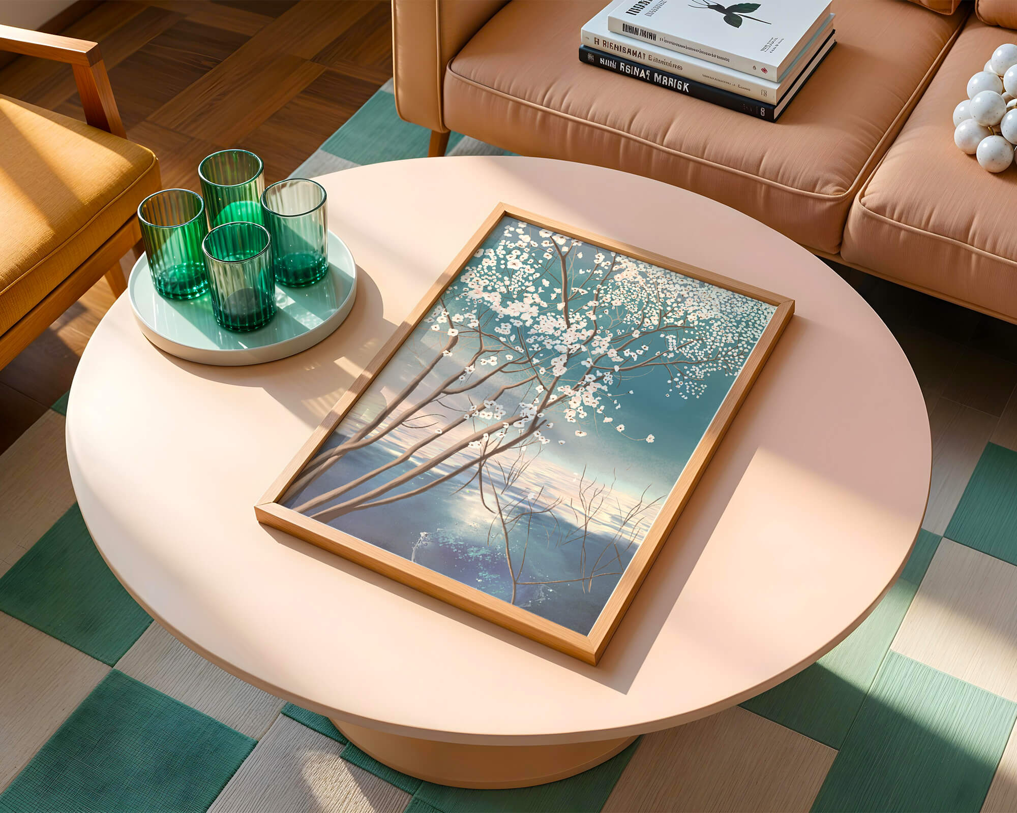 Serene landscape with blossoming tree over calm water reflection