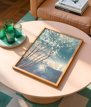 Paisaje sereno con árbol en flor sobre la reflexión del agua tranquila