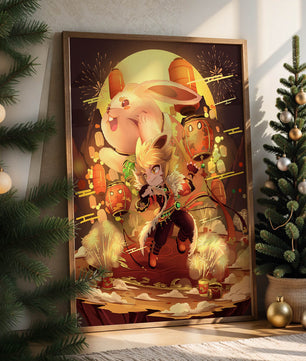 Fantasy scene with rabbit and character amid fireworks and lanterns