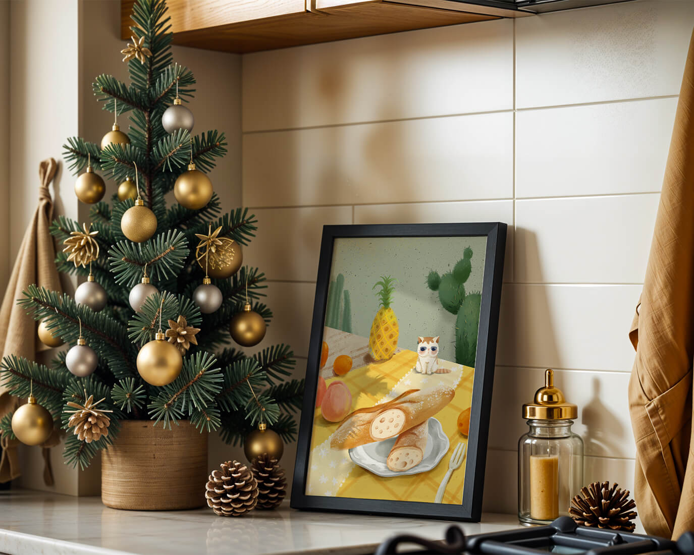 Gato con gafas de sol en un entorno tropical con baguettes y frutas