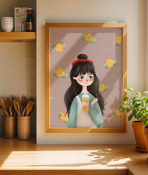 Illustration of a girl with a beverage surrounded by citrus slices