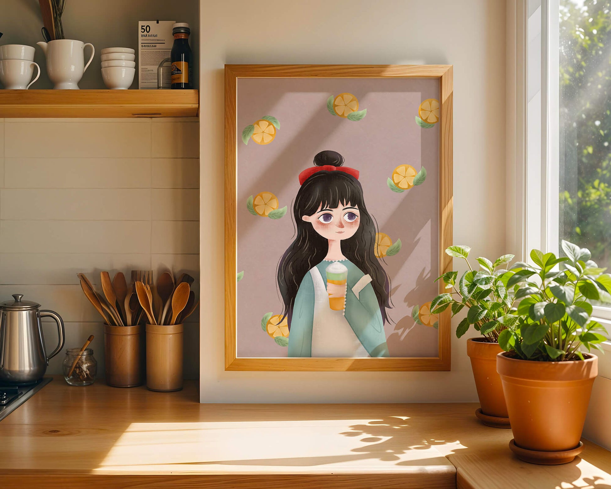 Illustration of a girl with a beverage surrounded by citrus slices