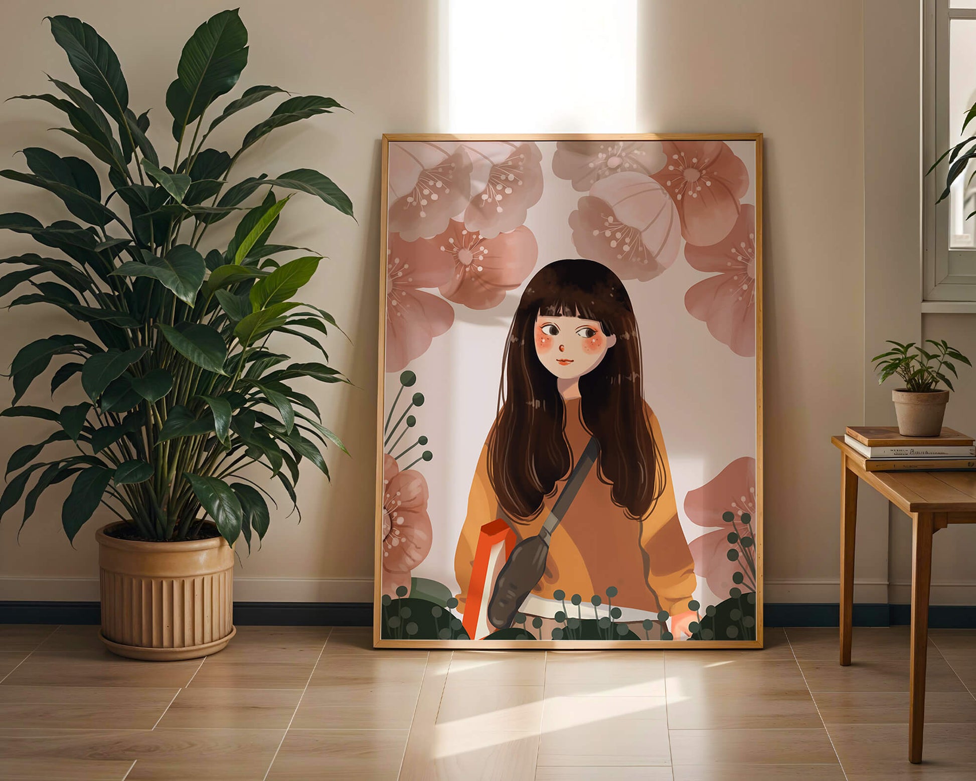 Illustration of girl with flowers in soft pastel hues