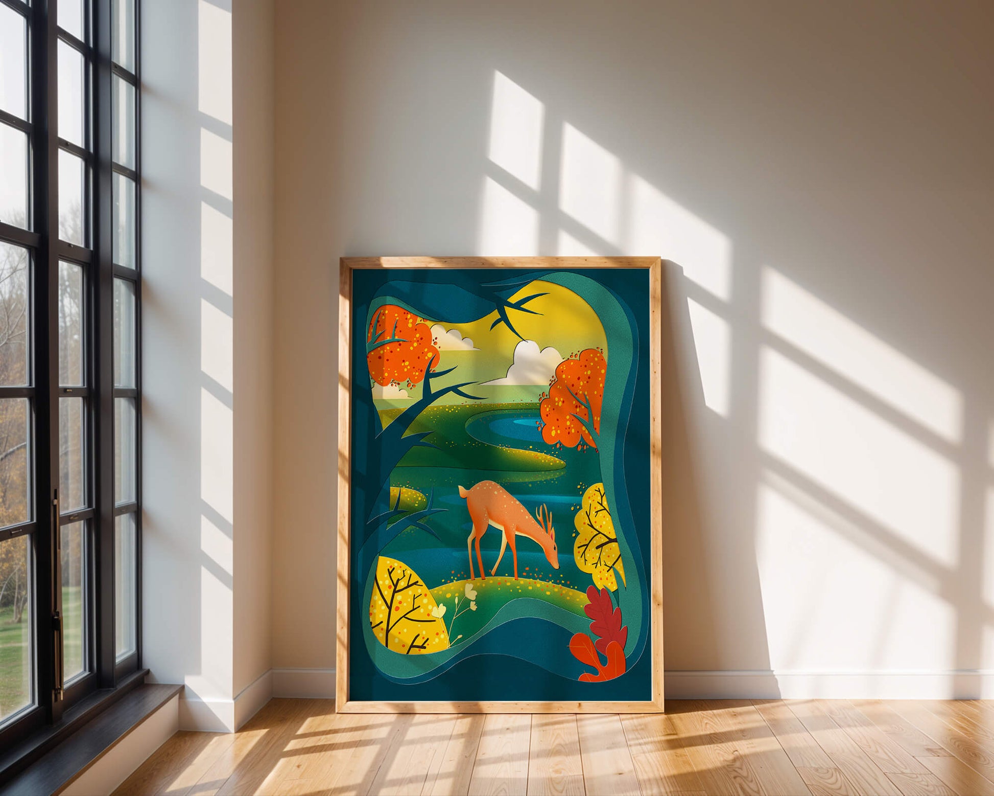 Deer in autumnal forest landscape with vibrant foliage