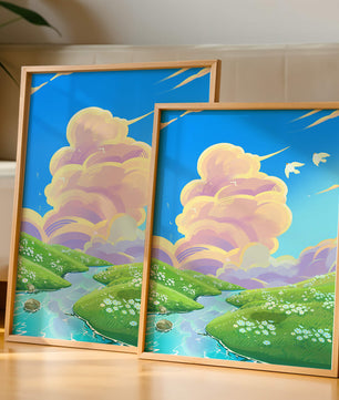 Serene landscape with rolling hills, stream, and vibrant sky