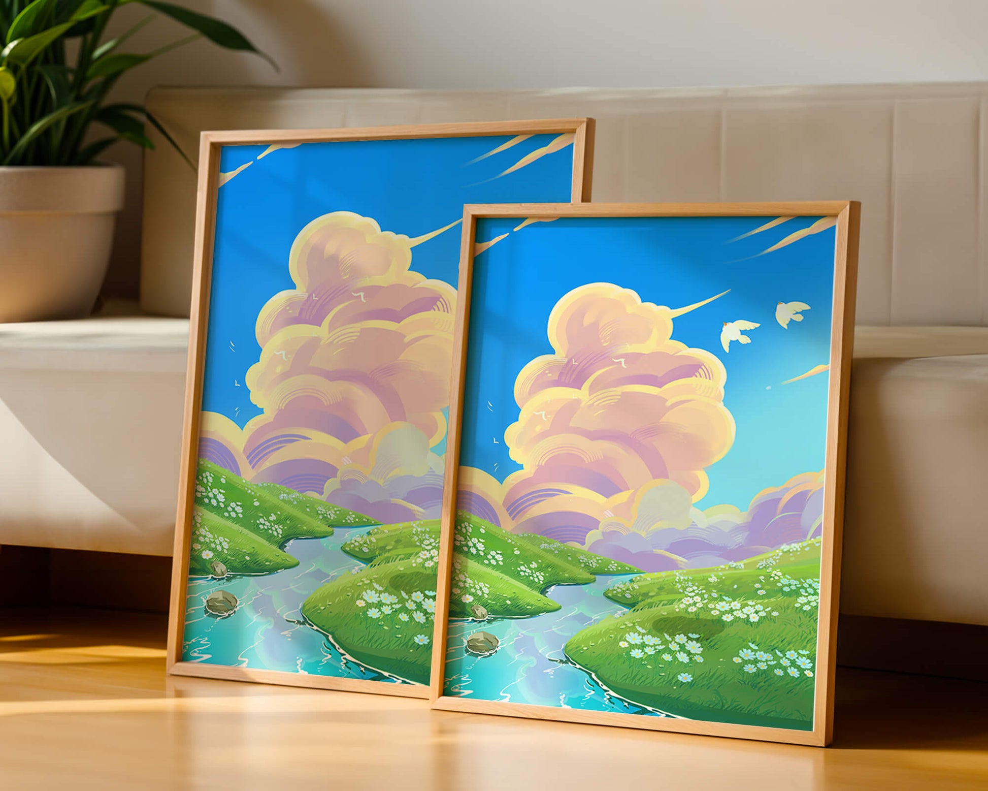 Serene landscape with rolling hills, stream, and vibrant sky