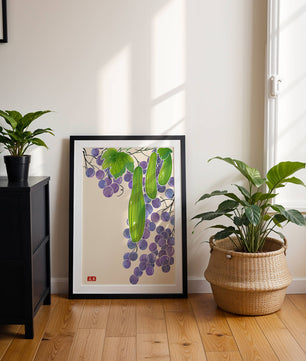 Ilustración de uvas y pepino con colores vibrantes y hojas