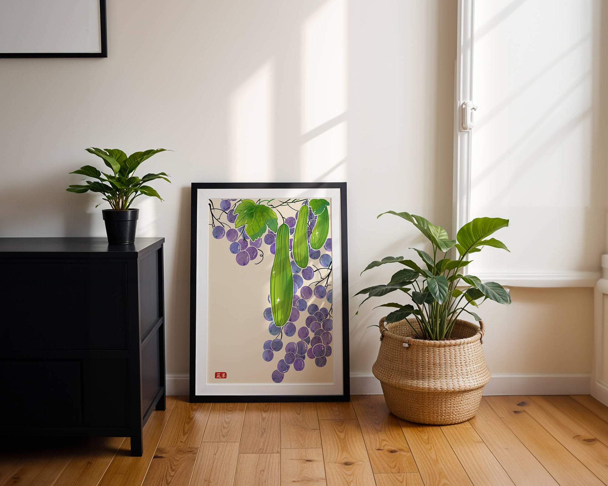 Ilustración de uvas y pepino con colores vibrantes y hojas