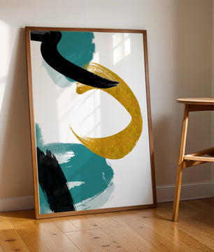 Composición minimalista abstracta con elementos dorados y turquesa