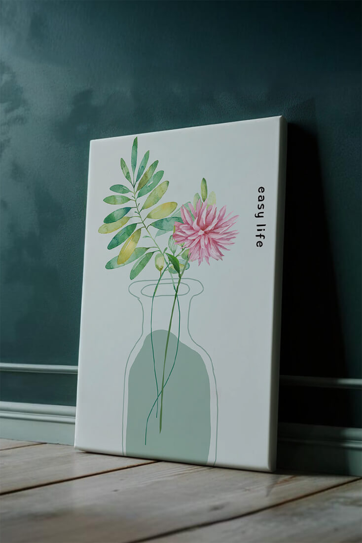 Arreglo floral en acuarela con vegetación en jarrón de vidrio